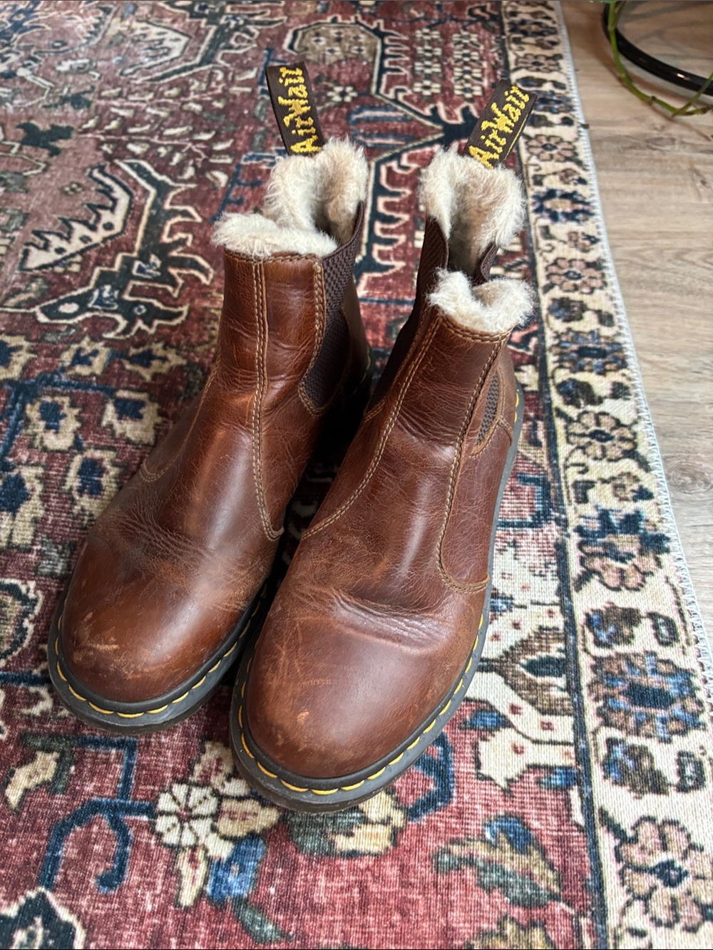 Dr. Martens Brown Leather Shearling Chelsea Boots with Yellow Stitching